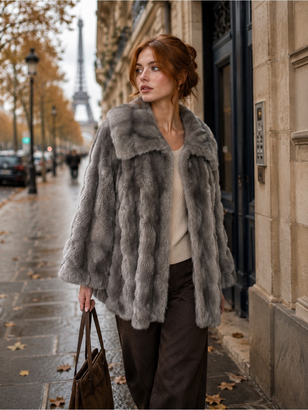 ELIE TAHARI Quiet Luxury Tara Gray Spread Collar Faux Fur Jacket, L